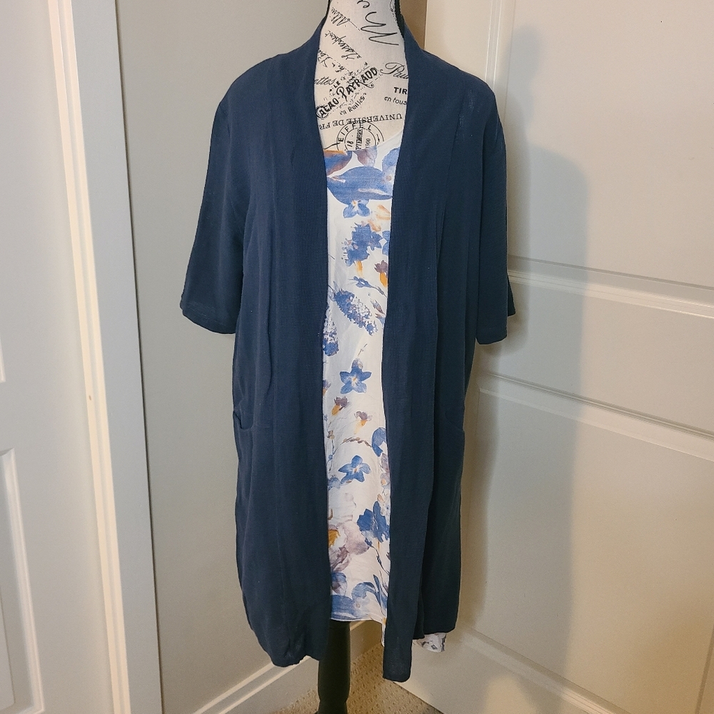 Linen/Cotton Blend 3/4 Length Sleeve Open Cardigan Blue Size M